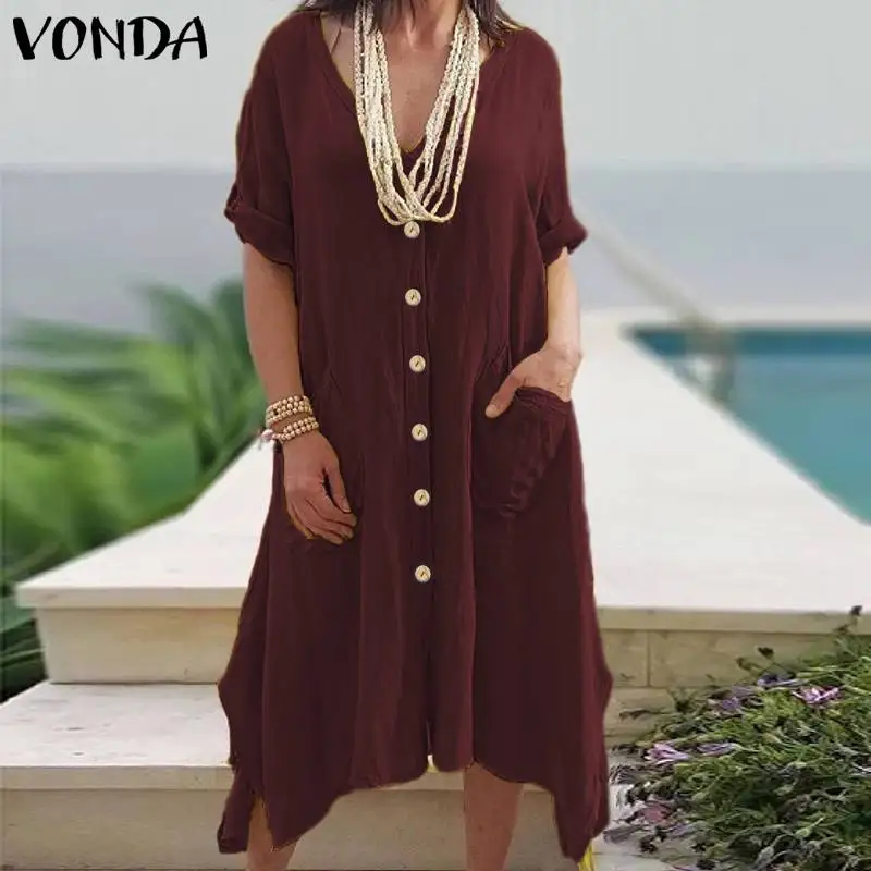 VONDA, женское платье, винтажное, сексуальное, v-образный вырез, пуговицы, длинный рукав, платье, весна-лето, сарафан, Повседневное платье, вечерние платья размера плюс