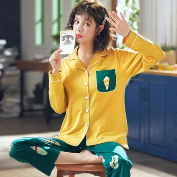 

2020 New Spring Autumn 100% Cotton Pajama Set for Women Long Sleeve Sleepwear Nightwear Homewear Loungewear Pijama Mujer Clothes