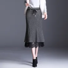 Винтажные клетчатые шерстяные юбки для женщин, новинка, кружевная Лоскутная юбка средней длины с высокой талией, Теплая Зимняя шерстяная юбка для женщин, плюс размер 3XL