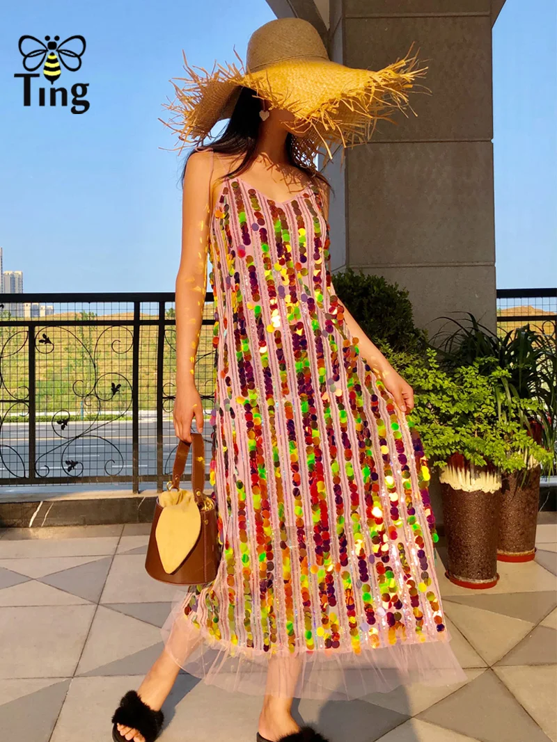 Tingfly New Arrivals Summer BlingBling Shiny Sequined Party Dresses Sexy Strap Glitter Club Dress Boho Fashion Casual Vestidos
