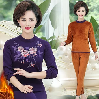 

Middle-Aged womens Fleece Thermal Underwear Set Long Johns Winter Inner Wear Thermo Shirts Long Underpants Thermal Bodysuit Suit