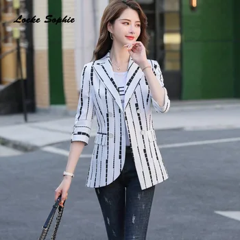 

1pcs Women's plus size Blazers coats 2020 Spring Cotton stripe Middle sleeve Small Suits jackets ladies Skinny Blazers Suits