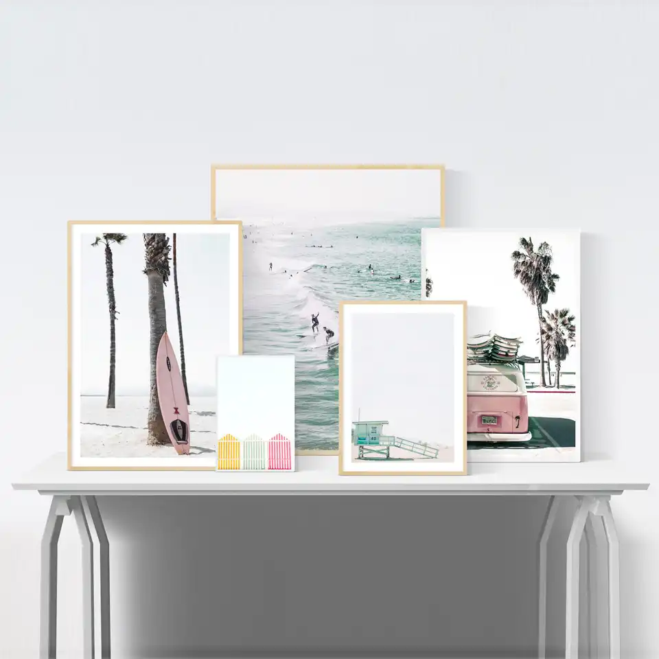 Surf Poster Set Pastell Strand Decor Rosa Surfbrett California