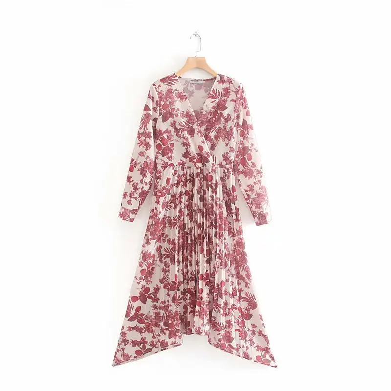 

QZ902 European Design V Neck Red Floral Print V Neck Elastic Waist Long Sleeve Pleated Irregular Length Dress