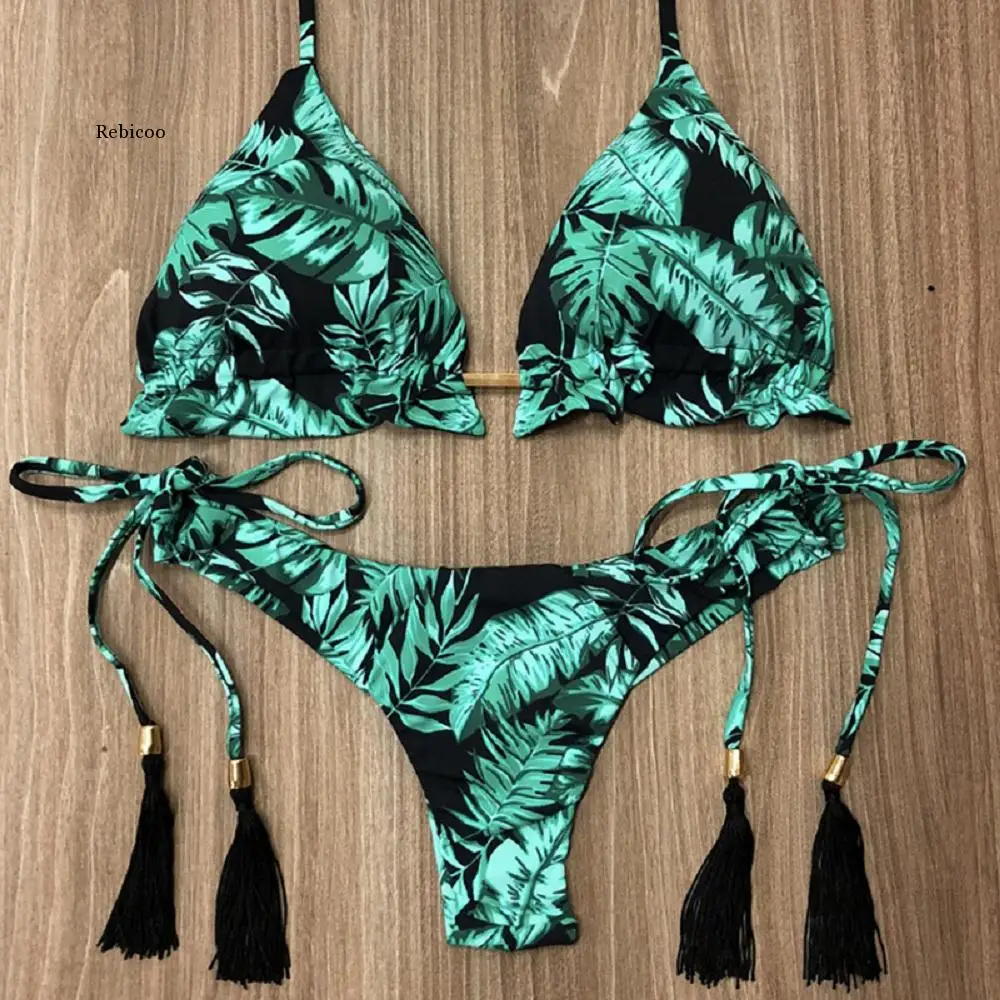 

Sexy Halter Swimsuit Women Thong Micro Bikini String Padded Swimwear Brazilian Bikini Bandage Tropical Plant Print Swimsuit