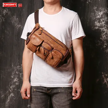 

New Genuine Leather Men's Chest Bag Scrub Leather Waist Bag Outdoor Sports Shoulder Bag Multi-Function Messenger Bags