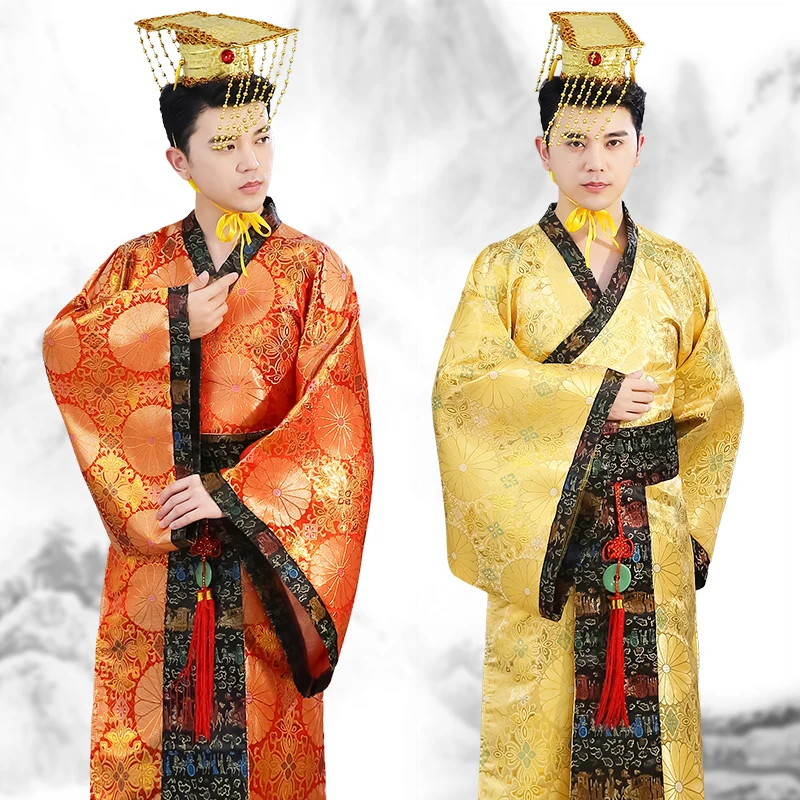 Взрослый Китайский традиционный ханьфу платье для мужчин император король сцена желтая одежда костюм Тан костюмы мужской Халат+ шляпа наборы