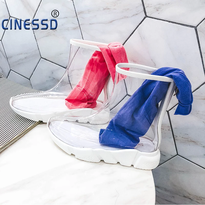 

INS Women Waterproof Martin Boots PVC Transparent Rain Boots Water Jelly Shoes Round Toe Med Heels Ankle Boots Women Sneakers