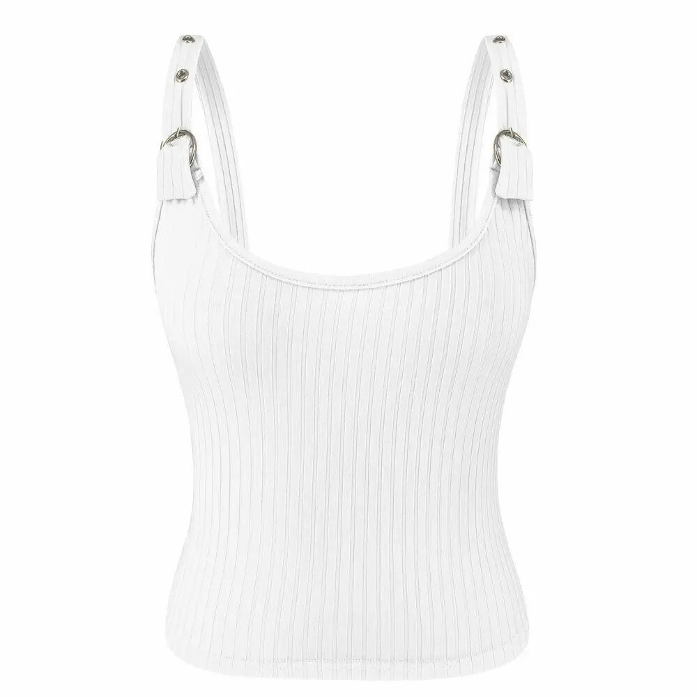 Белый Для женщин однотонные вязаные бак короткий соблазнительный, с ремешками и пряжкой; тонкие пляжные топы майки Для женщин базовые футболки майка без рукавов платья Casual Tanks - Цвет: Белый