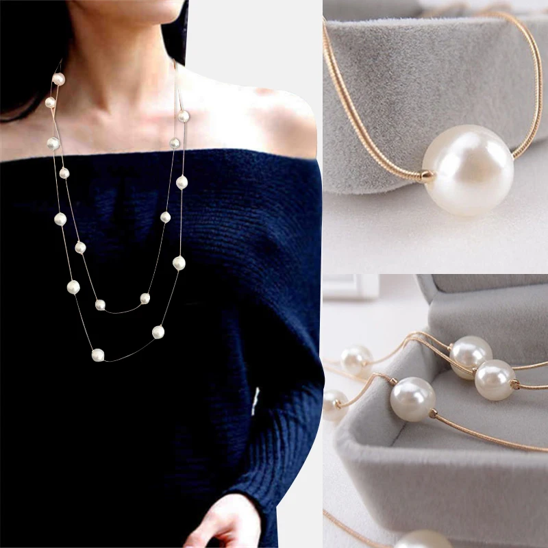 

Simple Long Double Layer Simulated Pearls Ladies Necklaces Clavicle Fashion Temperament Jewelry Sweater Chain Necklace For Women