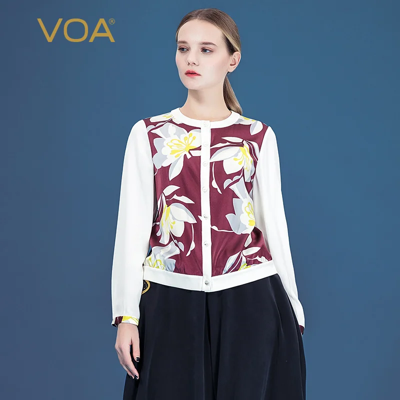 

VOA 28mm Silk Heavy Micro-Bomb Satin Purple White Mosaic Long Sleeve Crewneck Comfortable and Elegant Baseball Shirt B9016