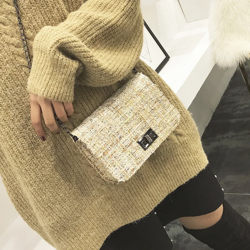 

Winter New Style Bag WOMEN'S Bag 2018 Korean-style CHIC Bag with Chain Woolen Square Sling Bag Shoulder Bag Oblique Bag Fashion