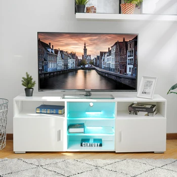 

57'' Portable Detachable TV Stand Cabinet Console with LED Light Shelves 1 Drawers for Living Room White Wood Table US Shipping