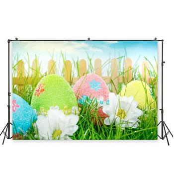 

HuaYi grass colorful eggs decoration blue sky background photography easter day photoshoot photography backdrops XT-6599