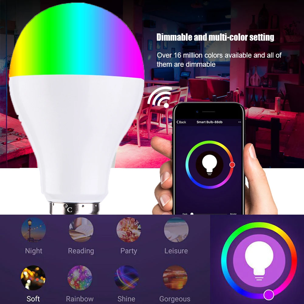 Светодиодный смарт-лампочка WiFi светодиодный светильник RGBW 10 Вт E27/E26/B22 приложение дистанционное управление Регулировка цвета Подключение Amazon Alexa и Google Home