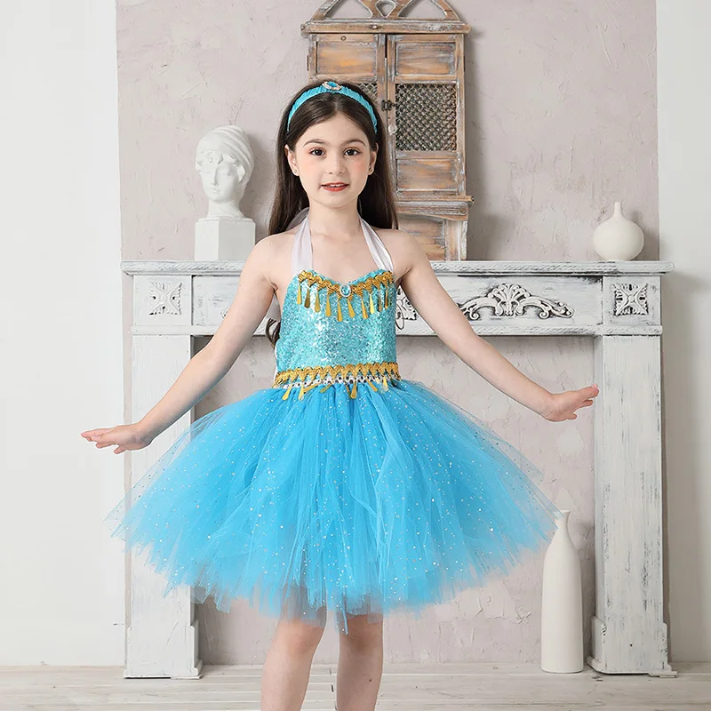 Aladdin Jasmine Girls Tutu Dress Headband Outfit Kids Birthday Party Pageant Sparkly Tulle Fancy Dress Sequins Children Clothes (1)