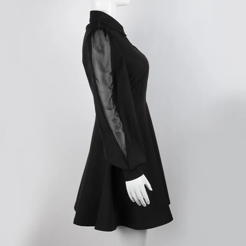 Black Gothic Women Mini Dress 2021 Autumn Lady Hollow-out Mesh Patchwork Transparent Long-sleeve Crescent Pendant Dark Dresses