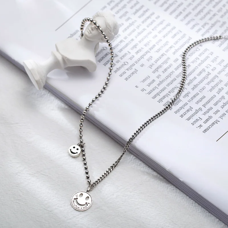 

South Korea Dongdaemun Import S925 Fine Silver Smiley Necklace Women's Vintage Retro Tank lian tiao wang Red 7718