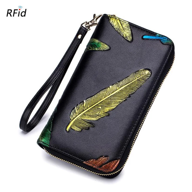 Западный Rfid перо ручная роспись органная кожа длинный женский кошелек винтажный много держателей карт женский кошелек