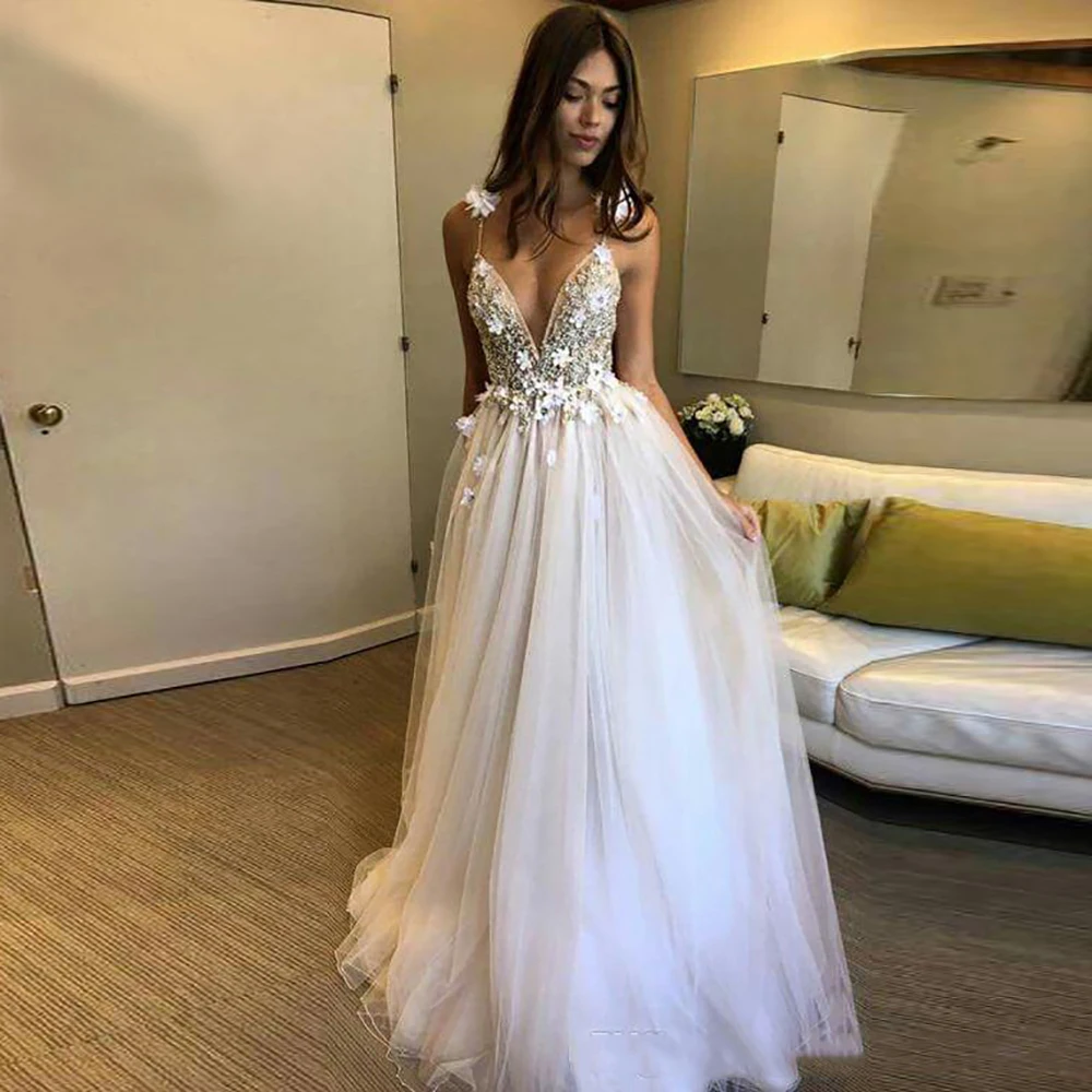 Сексуальные свадебные платья на бретельках с 3D цветами Vestido noiva глубокий v-образный вырез с аппликацией Свадебные платья с глубоким вырезом на спине