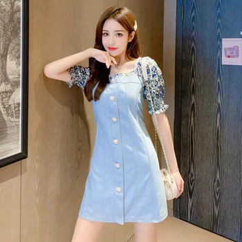 

EAD 2020 summer Korean temperament sweet square collar floral stitching denim dress single-breasted A-size plus size dress
