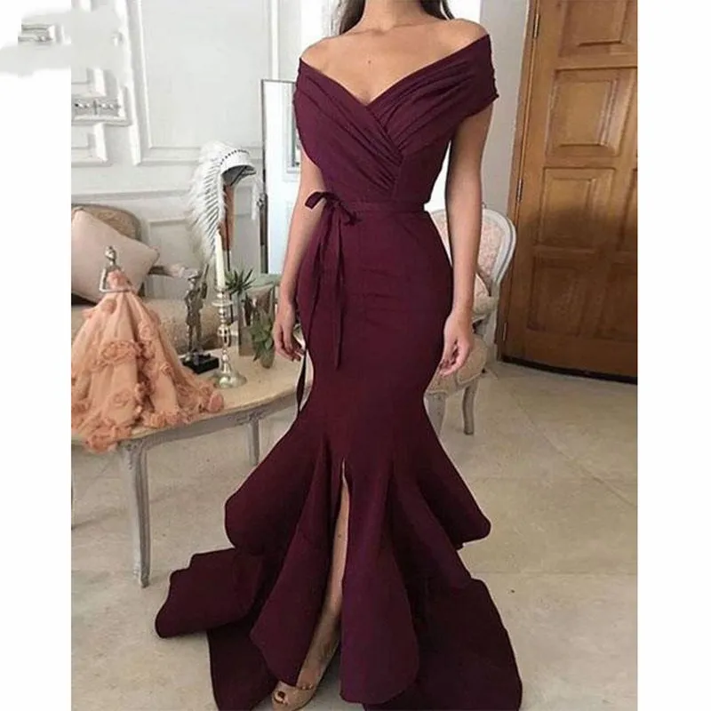 

Burgundy Mermaid Prom Dresses Long Vestido Longo V Neck Pleat Front Slit Elastic Satin Formal Evening Party Dress for Women