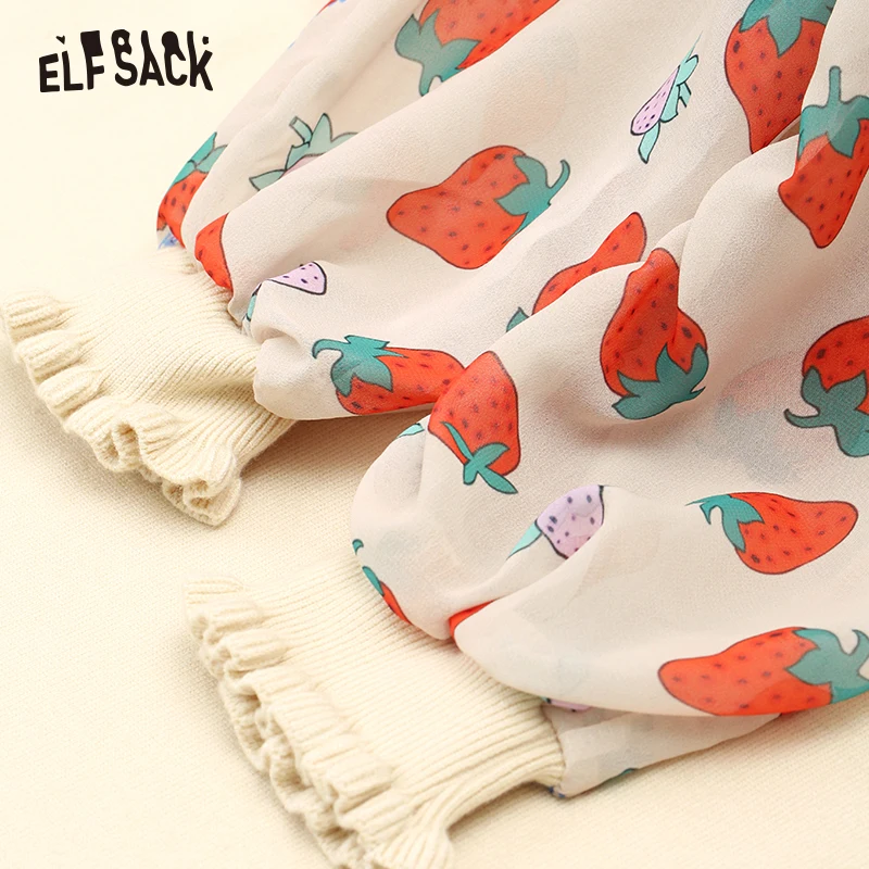 ELFSACK US & DE FBA Local Deliery Black Strawberry Print 2020 Autumn Sweet Frill Sleeve Ladies Basic Fake Two Pieces Dresses