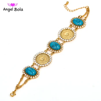 

Men Gold Color Turkey Muslim Islam Bangle Arab Turks Jewelry Middle East African 21+5cm Crystal Allah Coin Bracelet for Women