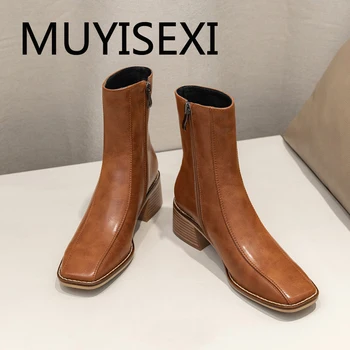 

Sexy superstar 5cm thick bottom heels square toe zipper beauty lady streetwear design dress party mid-calf boots CFH06 MUYISEXI