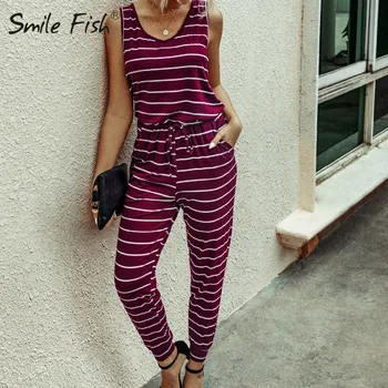 

Elastic Waist Pencil Jumpsuits for Women 2020 Summer Casual Lace Up Streetwear Striped Long Playsuits Sleeveless Rompers GV227
