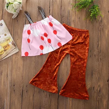

Girl Clothes 2020 Summer Girl Coverall Sling Balloon Print Top Shirt with Gold Velvet Trousers Flare Long Pants Two-piece Suits