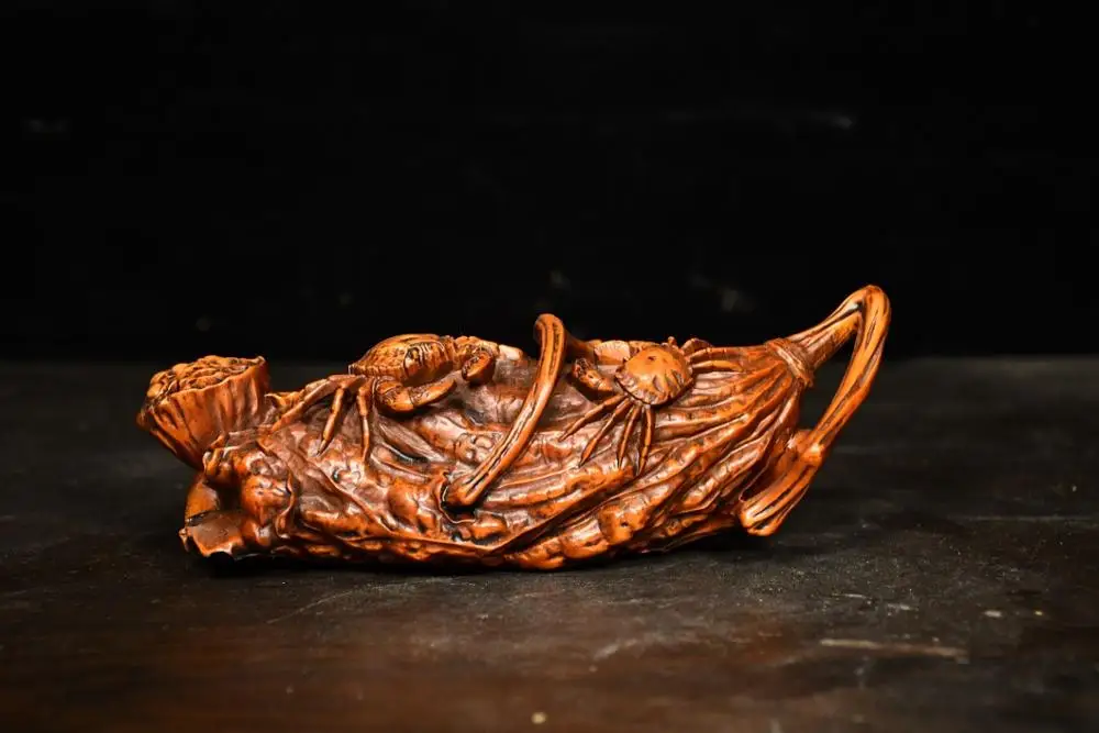 

7" China Collection Old Boxwood Crab statue Carving crab lotus lotus root wood carving Implication All directions