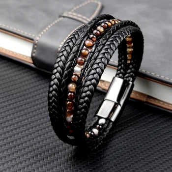 Brown Natural Stone Bracelet for Men Black Stainless Steel Genuine Leather Magnetic Clasp Bangle Male Beaded Braclet Best Gift