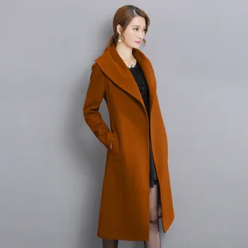 

Elegant Solid Women Long Wool Blend Coat Warm Autumn Winter Cashmere Jacket With Sashes Pockets Slim Coats Plus Size