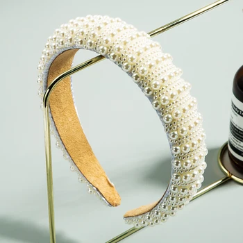 

Luxury Simulated Pearl Designer Headband for Woman Vintage Hand Made Solid Color Thick Sponge Hair Band Bridal Wedding Headpiece