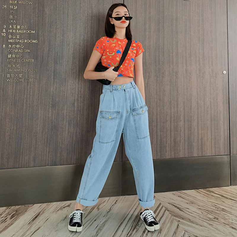 Bolsillos delanteros sueltos cintura alta vaqueros de Boyfriend para mujer largo pantalones vaqueros de cintura elástica Hip Hop pantalones vaqueros de las mujeres Pantalones rectos Denim KZ171|Pantalones -