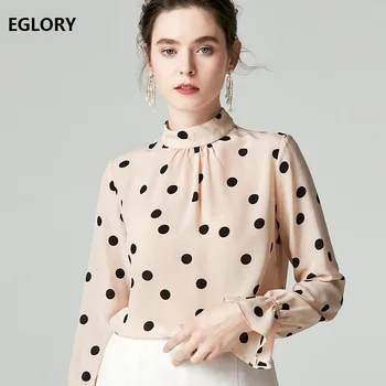 

New Korean Fashion Blouse Shirt 2019 Autumn Style Women Stand Neck Polka Dot Print Flare Sleeve Casual Tops Shirt Apricot Black