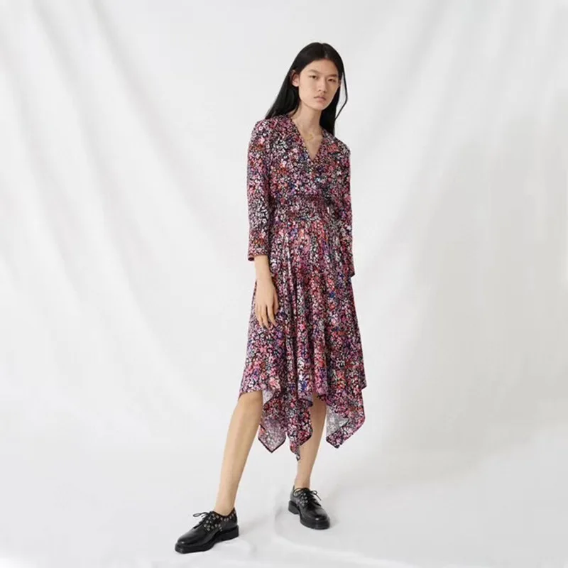 

2020 Spring Summer Women Temperament V-neck Irregular Floral Dress Slim Skirt Beach Skirt
