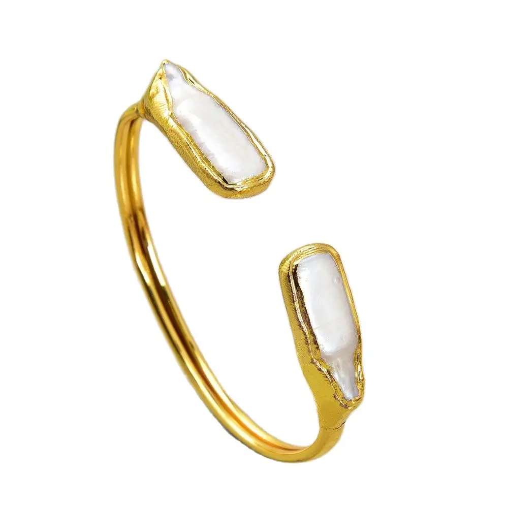 GG Jewelry Cultured White Biwa Rectangle Pearl Golden Plated Bangle Bracelet | Украшения и аксессуары