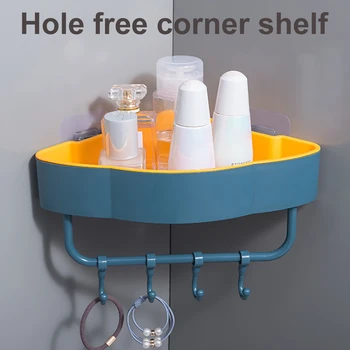 

Free Punch Wall Mounted Storage Shelf Bathroom Toilet Corner Shower Shelf Kitchen Storage Rack Organizer with movable Hooks