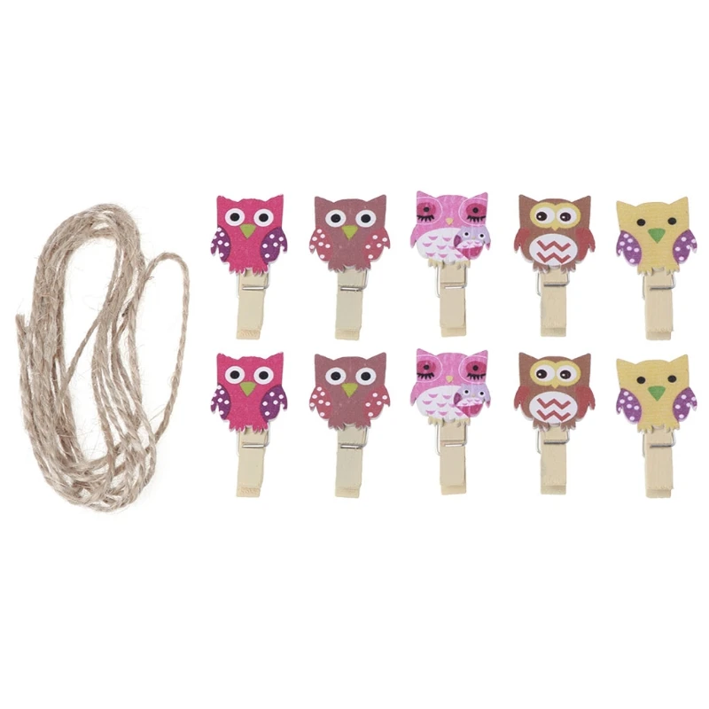 

10Pcs Lovely Owl Mini Wooden Craft Clip Photo Paper Peg Pin Clothespin With Rope Y1QB