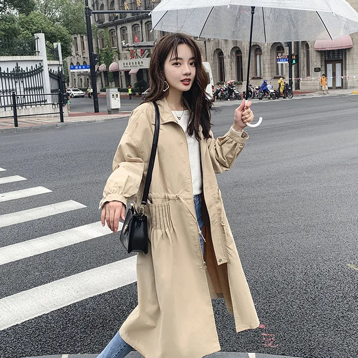 

Women Windbreaker Overcoat 2019 Autumn New Style Special Korean-style Mid-length Drawstring Waist Hugging Loose Fashion Trench C
