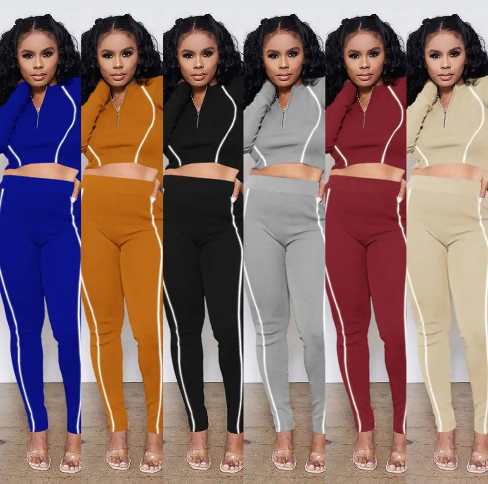 

Autumn Winter Reflective Striped Zipper Crop Top + Long Pants Trousers Jogger Fitness Set Tracksuit Clothes For Women