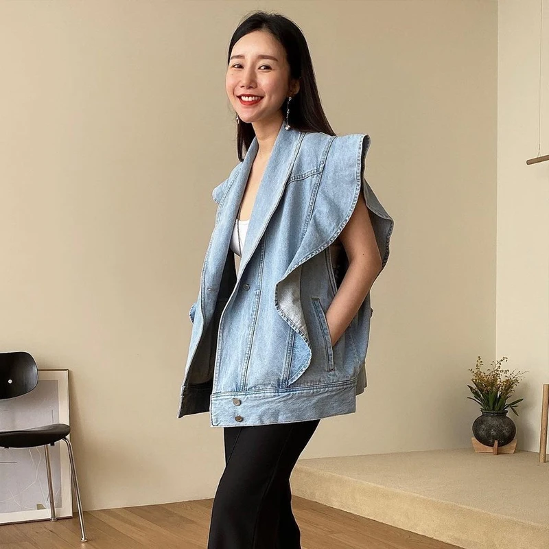 Harajuku Ruffles Oversize Denim Jacket Fashion Sleeveless Large Size Vest Tops Chic Streetwear Jeans Coat Single Breasted Jacket