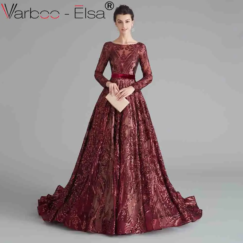 VARBOO_ELSA Красные Блестки с длинным рукавом Формальное вечернее платье для мусульманских женщин длинные имперские вечерние платья для выпускного вечера ТРАПЕЦИЕВИДНОЕ вечернее платье с открытой спиной - Цвет: Бургундия