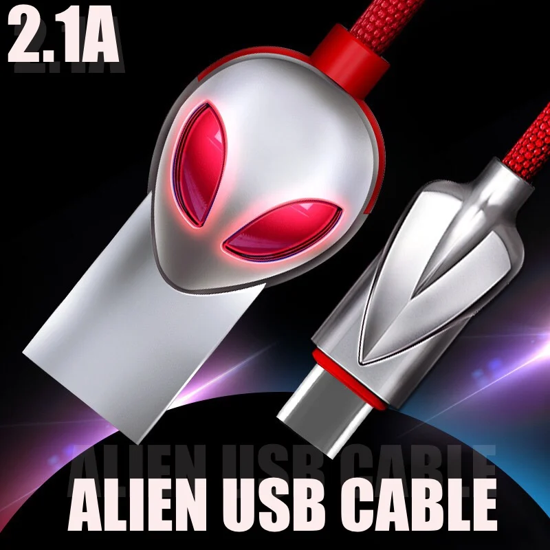 

Alien USB Cable 2.1A Indicator Light Type C Charging USB Cord Mobile Phone Charger Data Cable For Samsung Xiaomi Huawei iPhone