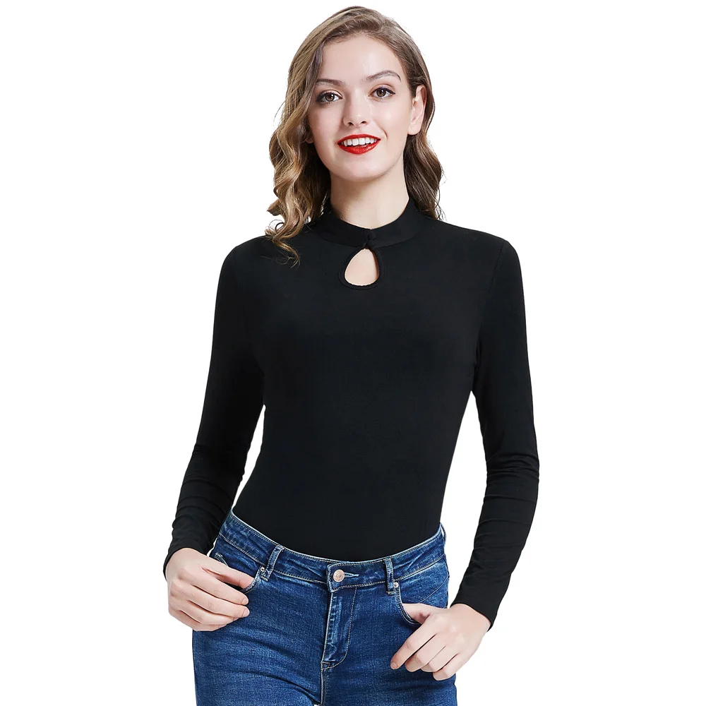 

Women tshirt Mock Neck Tops Keyhole Front Long Sleeve solid color basic autumn winter ladies slim Cotton tee shirt Retro Vintage