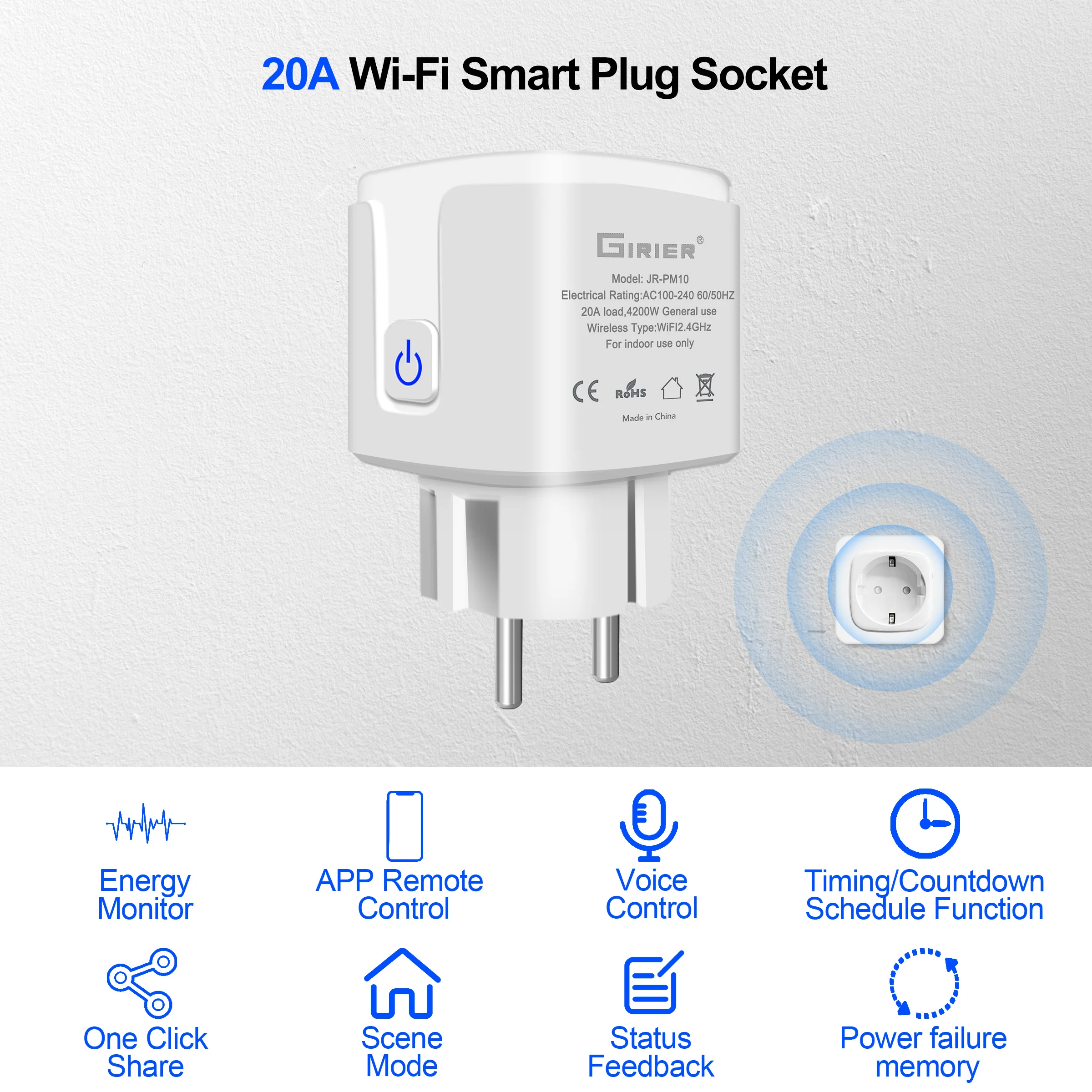Girier-tuya Ficha Inteligente Wifi Tomada ue Monitor de Energia Função Temporizador Compatível com Alexa Google Home 20a 4200w - Image 4
