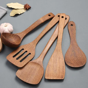 

5Pcs Kitchen Wooden Cooking Utensil Nonstick Pan Wooden Soup Spoon Retro Practical Cooking Shovel Spoon Food Serving Scoop