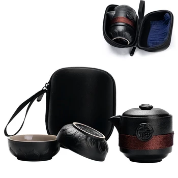 

Chinese Kung Fu Travel Tea Set Black porcelain Ceramic teapot matt beam pot Japanese household tea cup Portable Outdoor Gaiwan